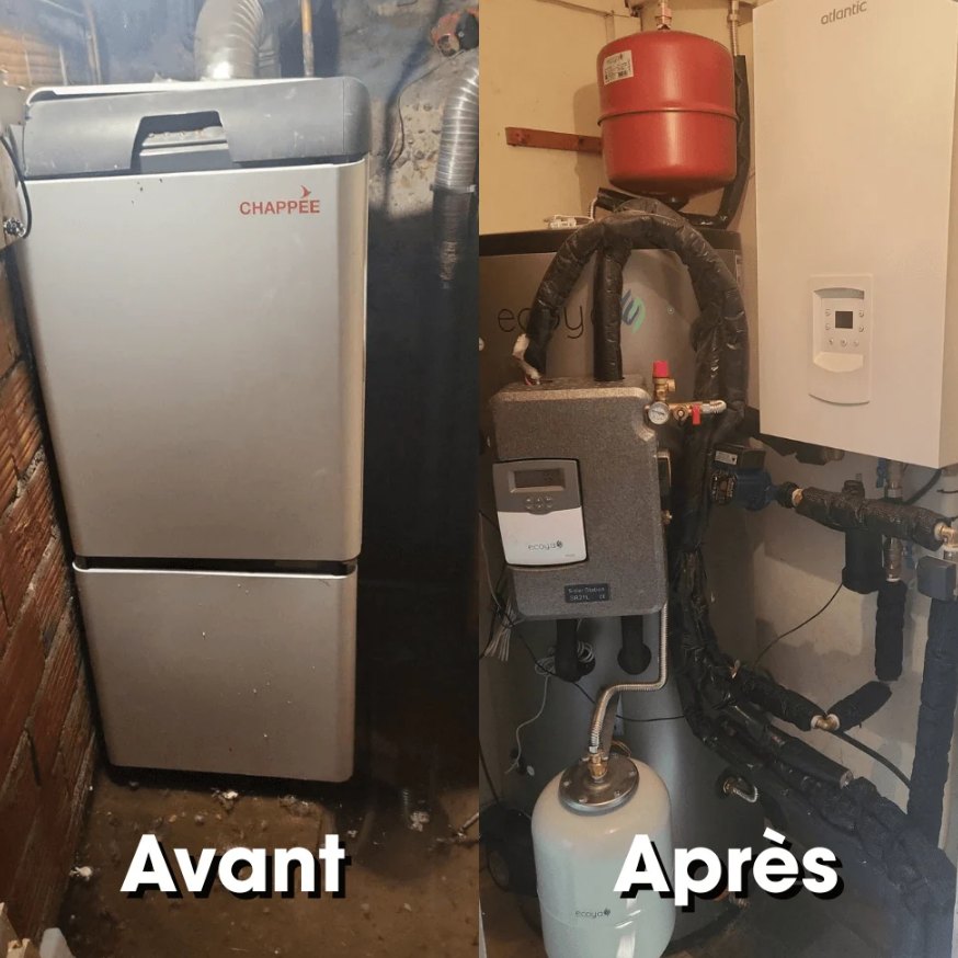 Avant : ancienne chaudière au sol. Après : pompe à chaleur air-eau avec ballon d'eau chaude solaire