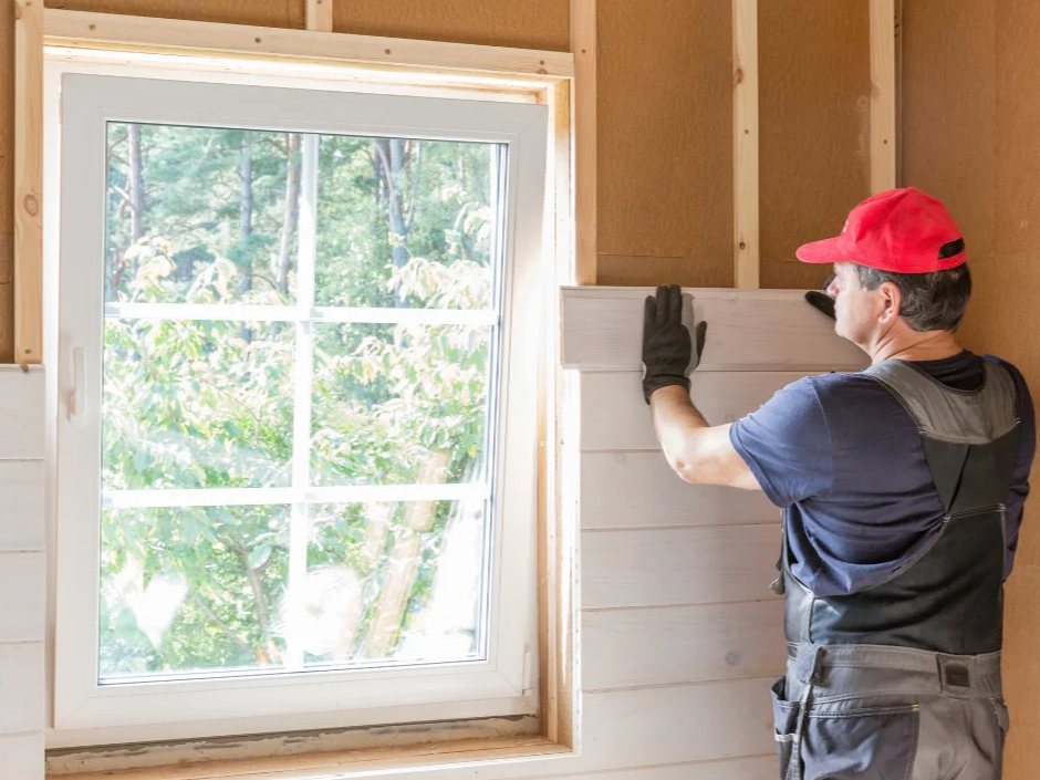 Artisan en train de poser un isolant et un nouveau revêtement sur un mur